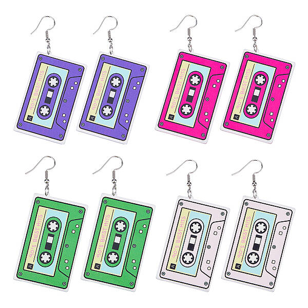 4 Pairs 4 Colors Acrylic Audio Tape Shape Dangle Earrings with 304 Stainless Steel Pins for Women