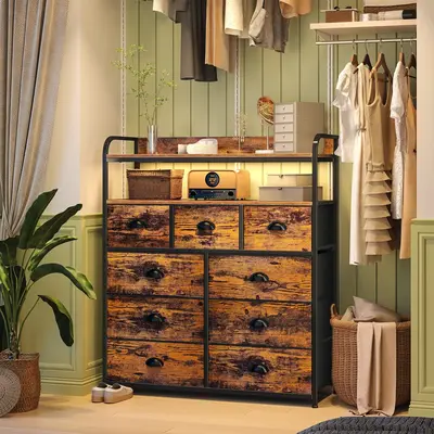 Raybee Furniture Dresser,2 Shelves,Tall Dresser with 9 Drawer Dresser, Metal Frame,Black Dresser with Wood Top for Nurseryfor...