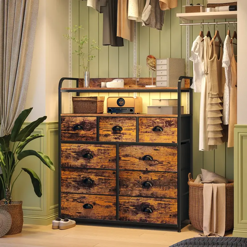 Raybee Furniture Dresser,2 Shelves,Tall Dresser with 9 Drawer Dresser, Metal Frame,Black Dresser with Wood Top for Nurseryfor...