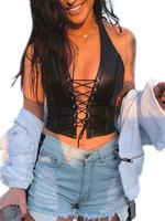 Women's Solid Color Pu Leather Crop Halter Neck Top, Fashion Casual Fitted Lace Up Backless Top for Daily Outdoor Wear, Women...