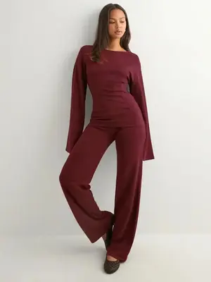 Women's Fashion Solid Color Casual Round Neck Flare Long Sleeve Top & Straight Leg Pants Set, Comfortable Muslim Spring Autum...