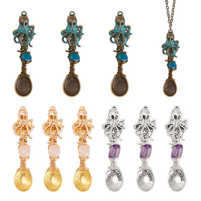 9Pcs Tibetan Style Alloy &  Gemstone Bead Big Pendants