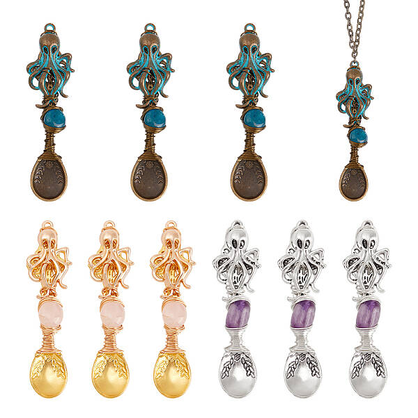9Pcs Tibetan Style Alloy &  Gemstone Bead Big Pendants