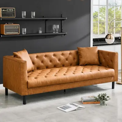 Garvee Modern PU Leather Couch for Living Room, 81 Chesterfield Sofa with Deep Seats and 2 Pillows, 3 Seater Sofa with Butto...