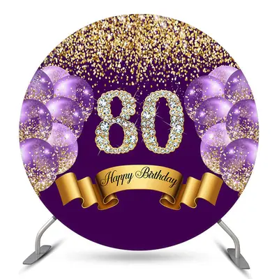 Aperturee Purple Balloon Glitter Round 80Th Birthday Backdrop | Custom Round Backdrop | Round Backdrop Fabric Cover | Round B...