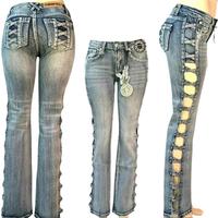 Tripple X Bling Jeans Criss-Cross Cut-Out Ladies Denim 5 Pocket Stretch Jean Plus Size Rhinestone vintage Rock midwaist  Wome...