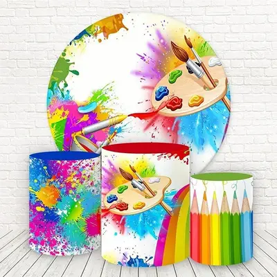 Aperturee Circle Paintbrush Doodle Round Birthday Backdrop Kit | Custom Round Backdrop | Circle Party Backdrop | Circle Birth...