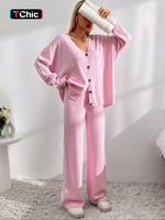 Women's Solid Button Front Drop Shoulder V Neck Cardigan & Elastic Waist Wide Leg Pants Two-piece Set, Casual Fashion Basic ...
