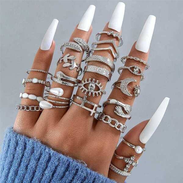 23Pcs 23 Style Alloy Open Cuff Rings Set with Rhinestone