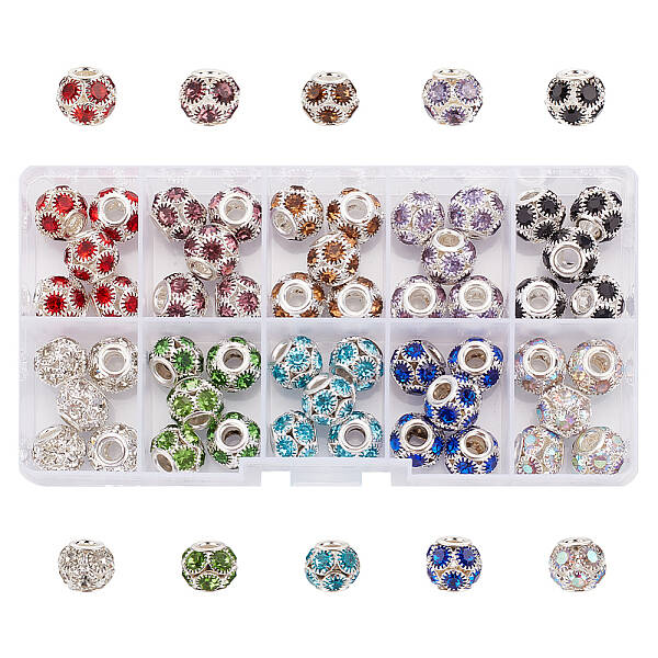 50Pcs 10 Colors Brass Rhinestone European Beads