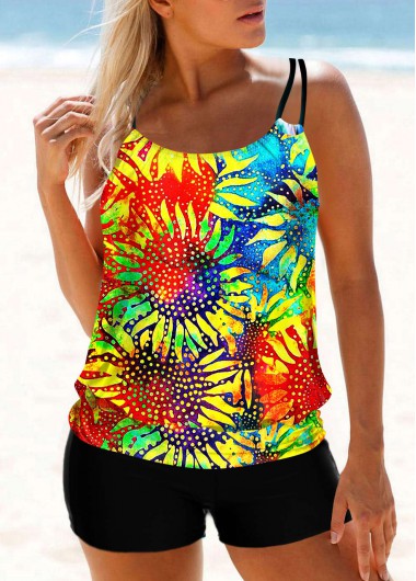 Modlily Multi Color Sunflower and Tie Dye Print Tankini Top - S