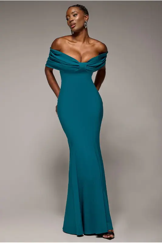 Goddiva Bardot Bow Neck Maxi Dress - Emerald Green