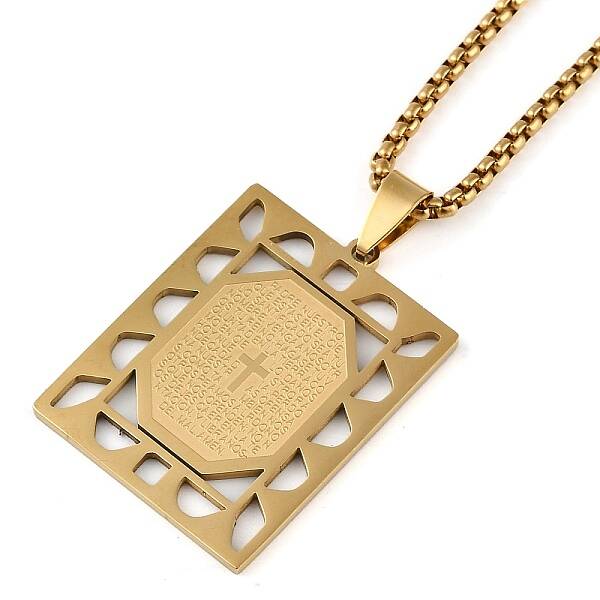 304 Stainless Steel Hollow Rectangle with Cross Pendant Box Chain Necklaces
