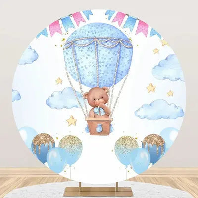 Blue Bear Hot Air Balloon Circle Birthday Backdrop - Aperturee