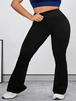 ăPlus Sizeă Solid High Waist Flare Leg Sports Leggings, Sporty Bell Bottom Pants for Yoga Gym Workout Running, Summer, Fl...