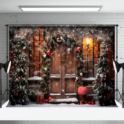 Snowy Wooden Door Light Winter Christmas Backdrop - Aperturee