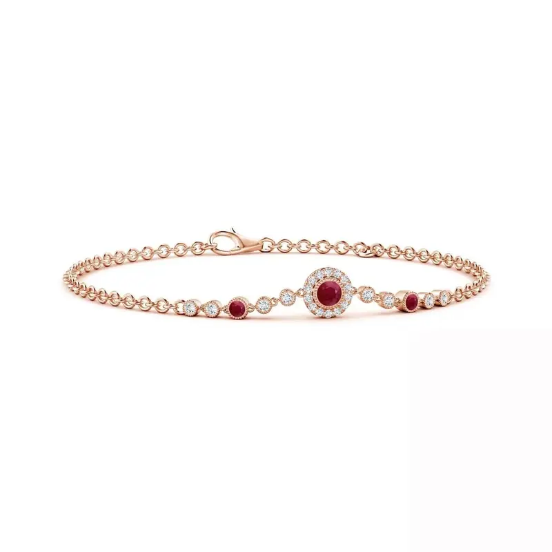 14K Rose Gold Ruby Grandmother Mother Sisters Round Charm Bracelet Gemstone Bracelets