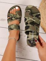 Women's Fashionable Camo Print Flat Sandals, Casual Open Toe Sandals for Beach Vacation, Lightweight Breathable Comfortable S...