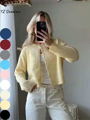 Women's Solid Color Button Front Sweater Cardigan, Casual Long Sleeve Knitwear for Spring & Fall, Fashion Women's Knit Clothi...