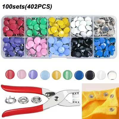 Colorful Metal Button Kit, 402pcs/set Including 100 Sets Button & 1 Count Pliers & 1 Count Storage Box, DIY Clothes Accessori...