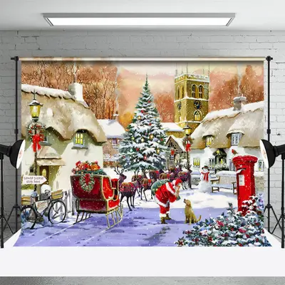 Snowy Town Santa Claus Dog Merry Christmas Backdrop - Aperturee