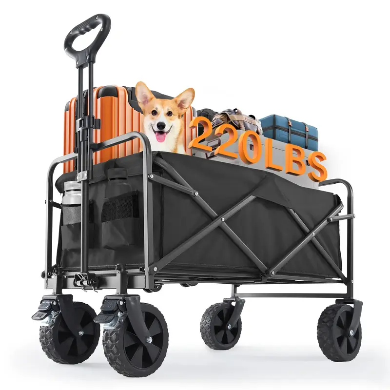 Collapsible Wagon Cart, Large Capacity Cart with All-Terrain Wheels, Heavy Duty Utility Grocery Wagon with Drink Holders for ...