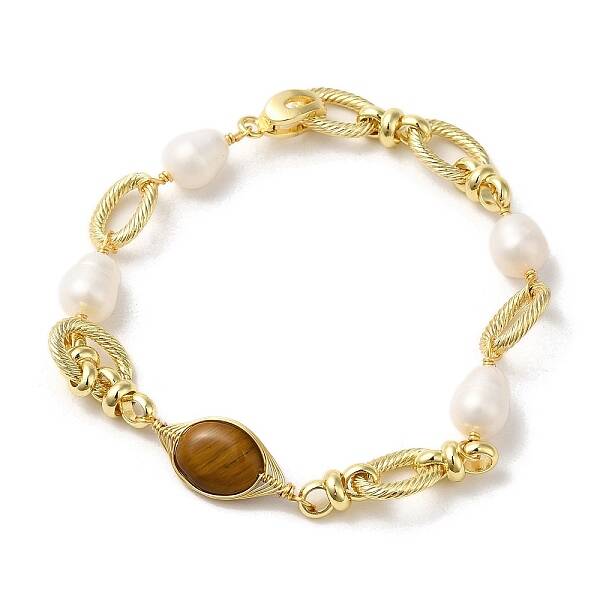 Oval Natural Tiger Eye & Pearl Link Bracelets