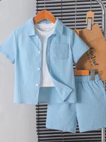 Two-piece Set Boy's Solid Short Sleeve Button Up Top & Elastic Waist Shorts Set, Casual Summer Outfits Clothes for Kids, Blue...