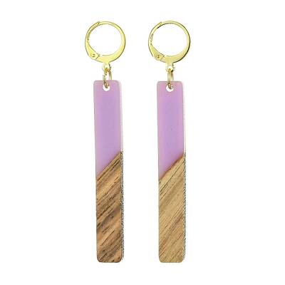 Two Tone Resin & Walnut Wood Rectangle Dangle Leverback Earrings