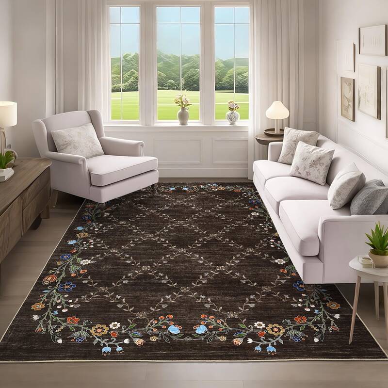 Garvee Floral Brown 4x6 Washable Area Rugs for Living Room: Modern Floral Non Slip Large Area Rugs for Bedroom, Large Machine...