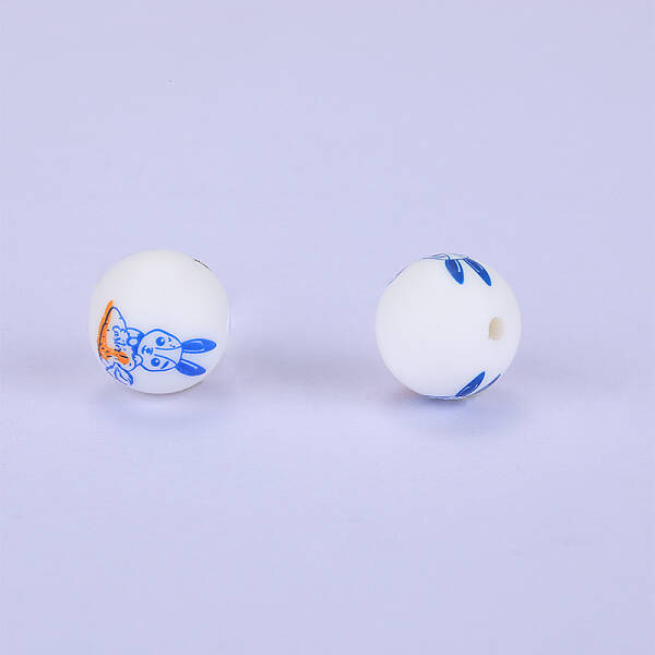 Printed Round with Rabbit Pattern Silicone Focal Beads