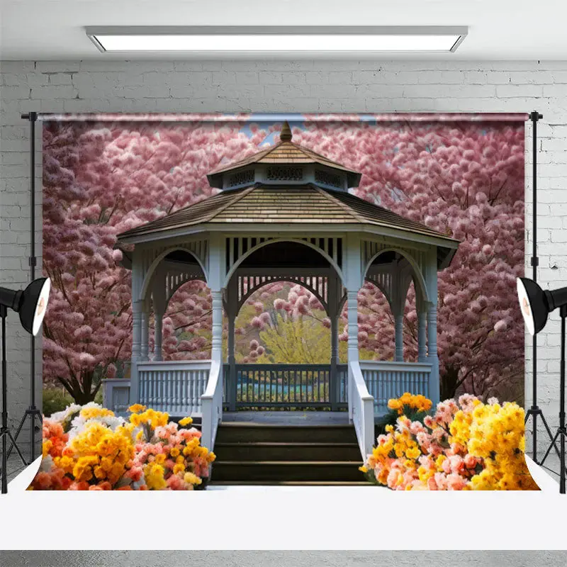 Outdoors Pavilion Pink Sakura Flower Spring Backdrop - Aperturee