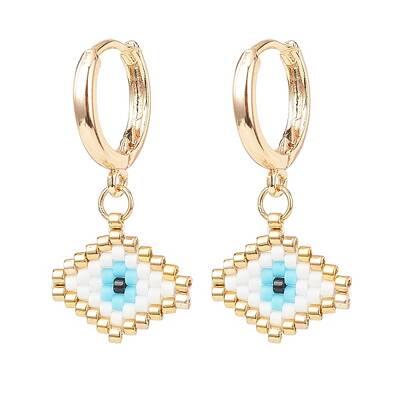 Japanese Seed Braided Rhombus with Evil Eye Dangle Hoop Earrings