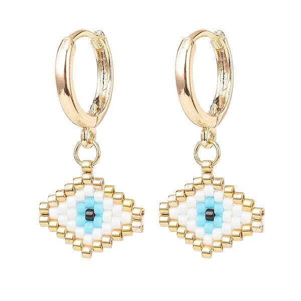 Japanese Seed Braided Rhombus with Evil Eye Dangle Hoop Earrings