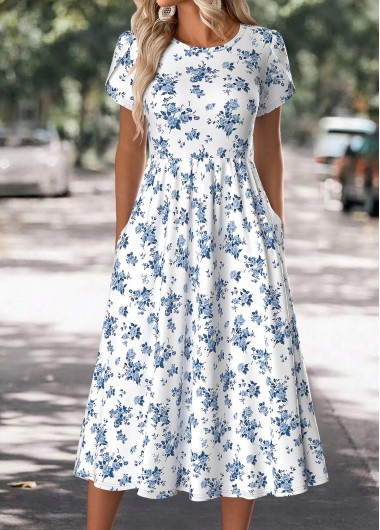 Modlily White Floral Print Short Sleeve Round Neck Dress - S