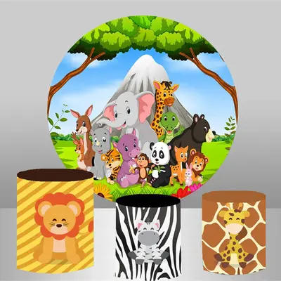 Aperturee Mountain Forest Birthday Round Animal Backdrop Kit | Circle Birthday Backdrop Cover | Round Party Backdrop | Circle...