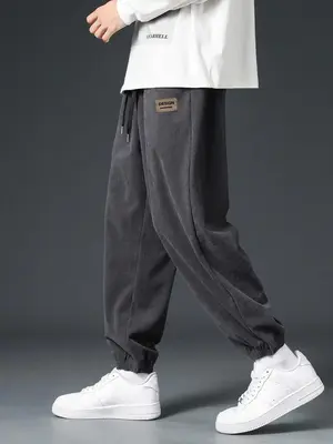 Men's Letter Patched Pocket Drawstring Waist Corduroy Jogger Pants, Loose Casual Comfy Baggy Trousers for Fall & Winter, Mens...