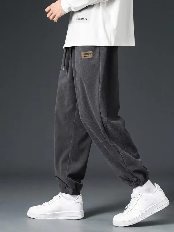 Men's Letter Patched Pocket Drawstring Waist Corduroy Jogger Pants, Loose Casual Comfy Baggy Trousers for Fall & Winter, Mens...