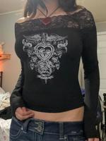 Women's Vintage Graphic Contrast Lace Off Shoulder Tee, Casual Long Sleeve T-shirt for Daily Wear, Ladies Clothes for All Sea...