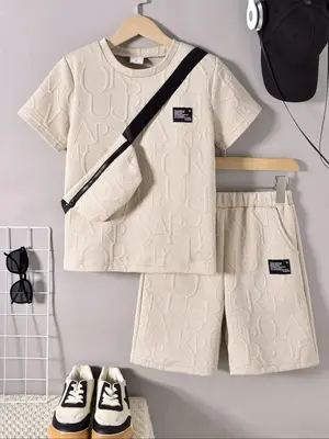 Toddler Boy's Short Sleeve Tee & Crossbody Bag & Shorts Set, Casual Round Neck T-shirt & Pocket Track Shorts & Crossbody Bag,...