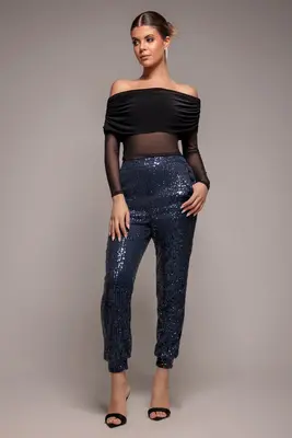 Goddiva Sequin Cuffed Ankle Pant - Navy