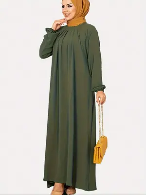 Women's Solid Plicated Bishop Sleeve Tunic Dress, Casual Long Sleeve Round Neck Maxi Dress for Daily Wear, Ladies Clothes for...