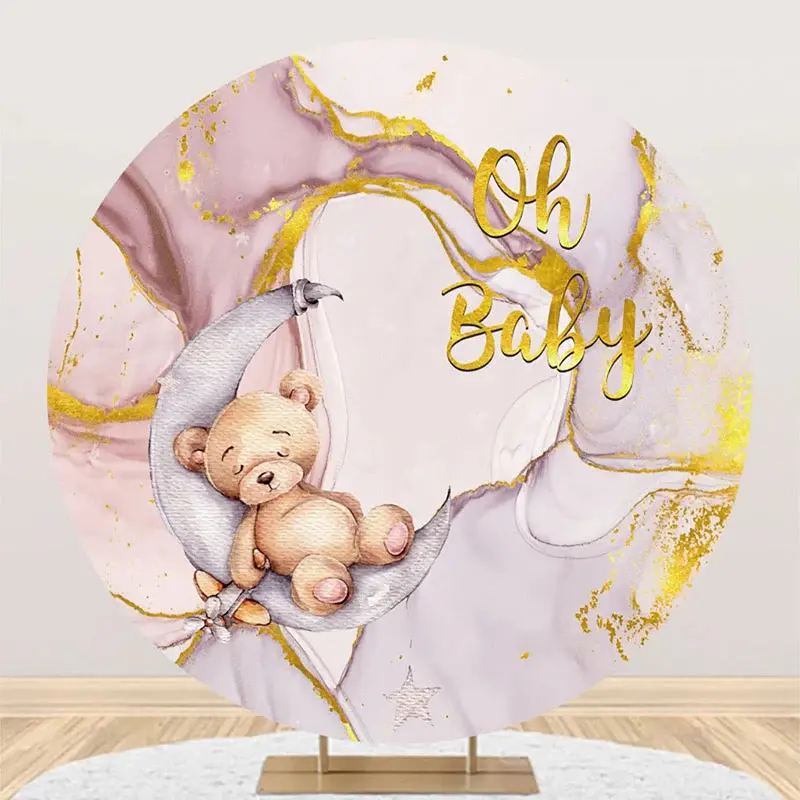 Oh Baby Bear Marbled Round Gender Reveal Backdrop - Aperturee