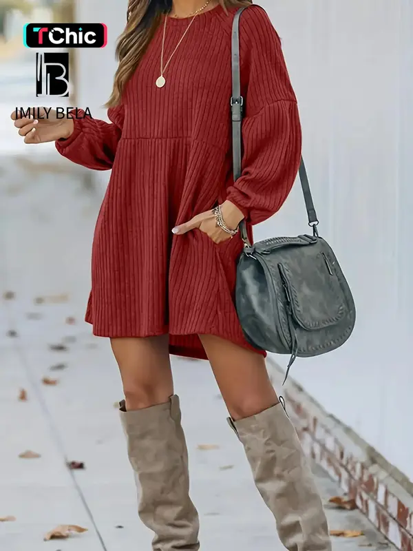 Women's Plain Textured Ribbed Pocket Bishop Sleeve Dress, Casual Chic Round Neck Long Sleeve Dress for Lady Spring & Fall, Wo...