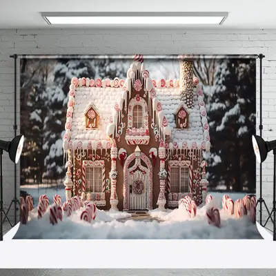 Aperturee Candy Cane Gingerbread House Snowy Christmas Backdrop - Aperturee