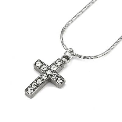 304 Stainless Steel Crystal Rhinestone Cross Pendant Round Snake Chain Necklaces for Women