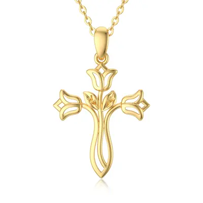 14K Gold Rose & Cross Pendant Necklace