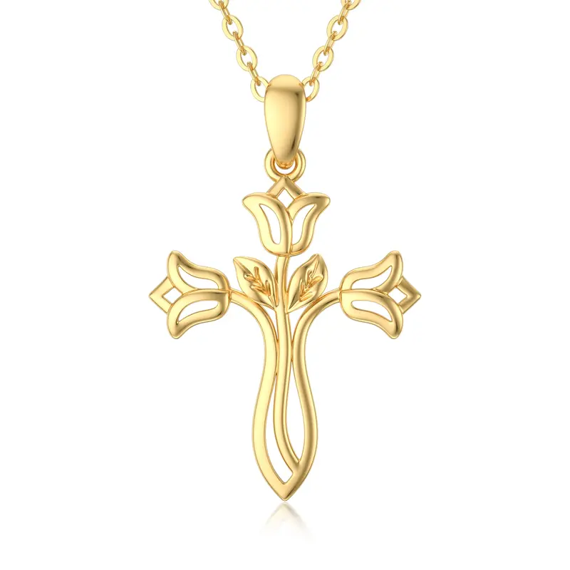 14K Gold Rose & Cross Pendant Necklace