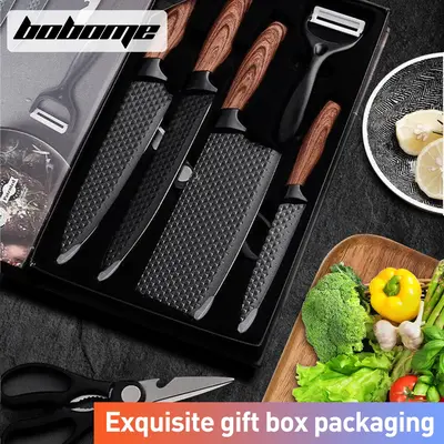 6 Piece Kitchen Knife Set - Chef Knife Set with Non-Stick Stainless Steel and Ergonomic Wood Handle - Kitchen Knives, Block K...