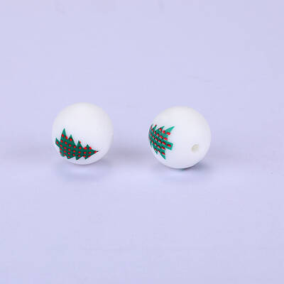 Christmas Printed Round with Christmas Tree Pattern Silicone Focal Beads
